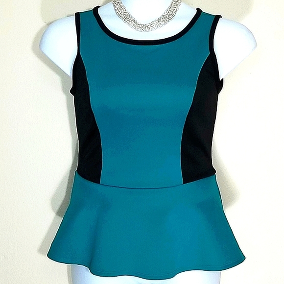 Peplum Sleeveless Tank Top Drop Waist Teal black Trim Stretch Snatched Hourglass - Picture 1 of 8
